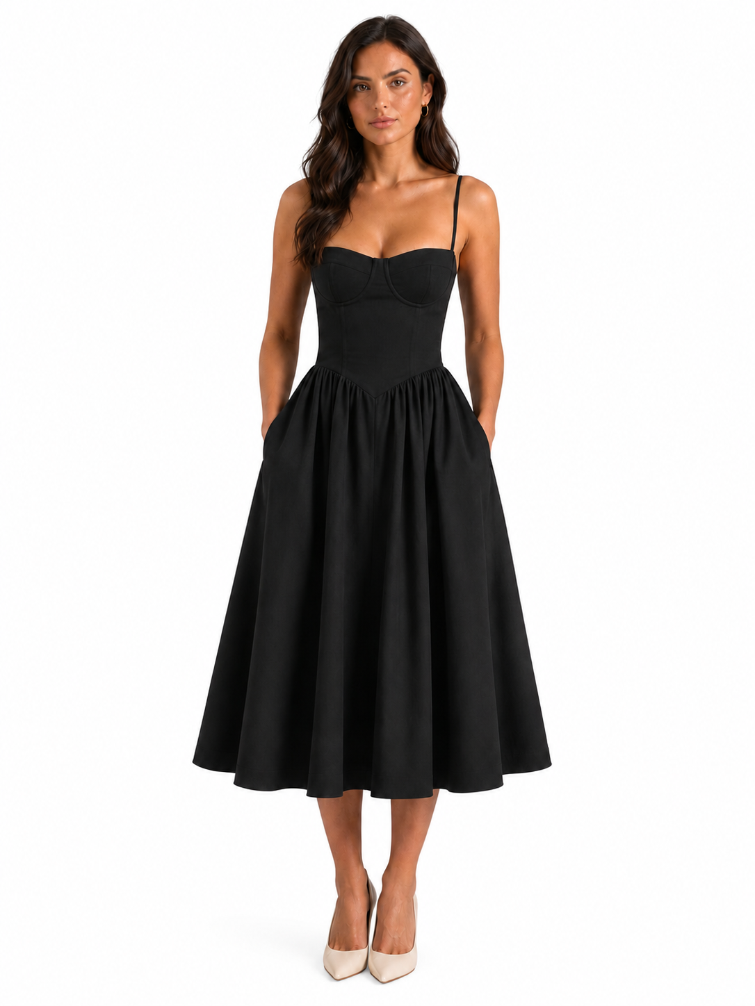 Women's Floral Corset Midi Dress – Sweetheart Neckline with Gathered Skirt