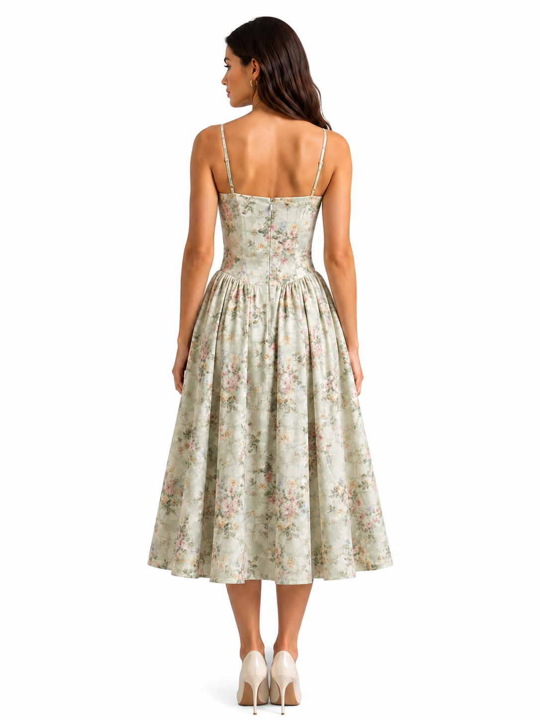 Women's Floral Corset Midi Dress – Sweetheart Neckline with Gathered Skirt