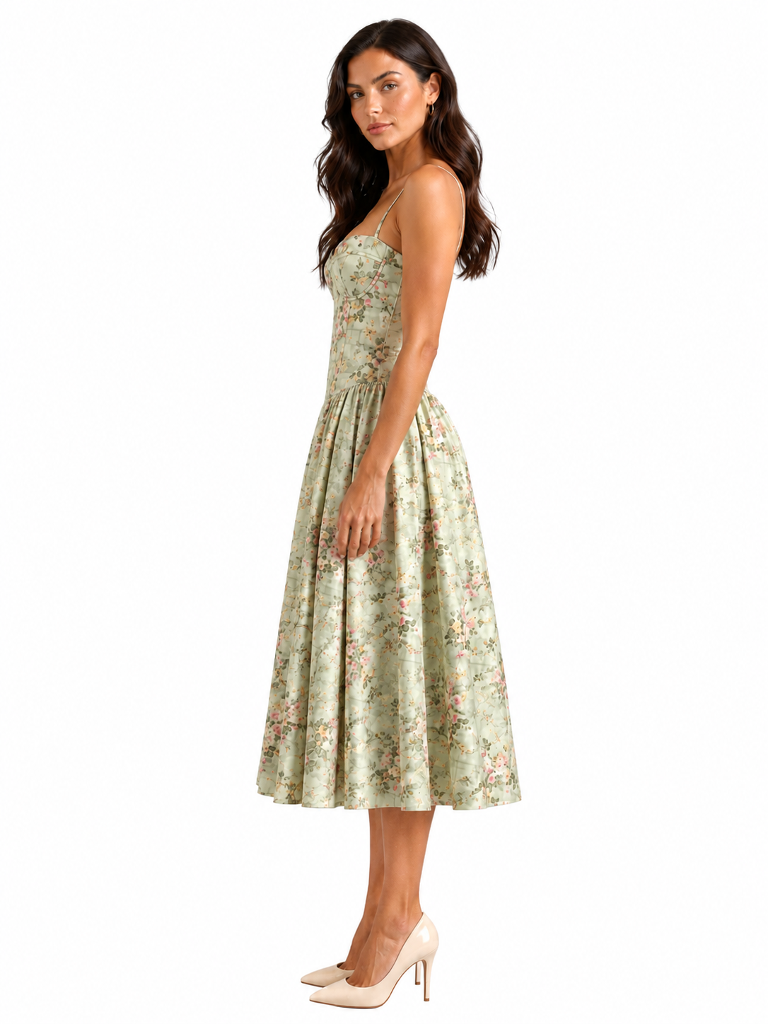 Women's Floral Corset Midi Dress – Sweetheart Neckline with Gathered Skirt