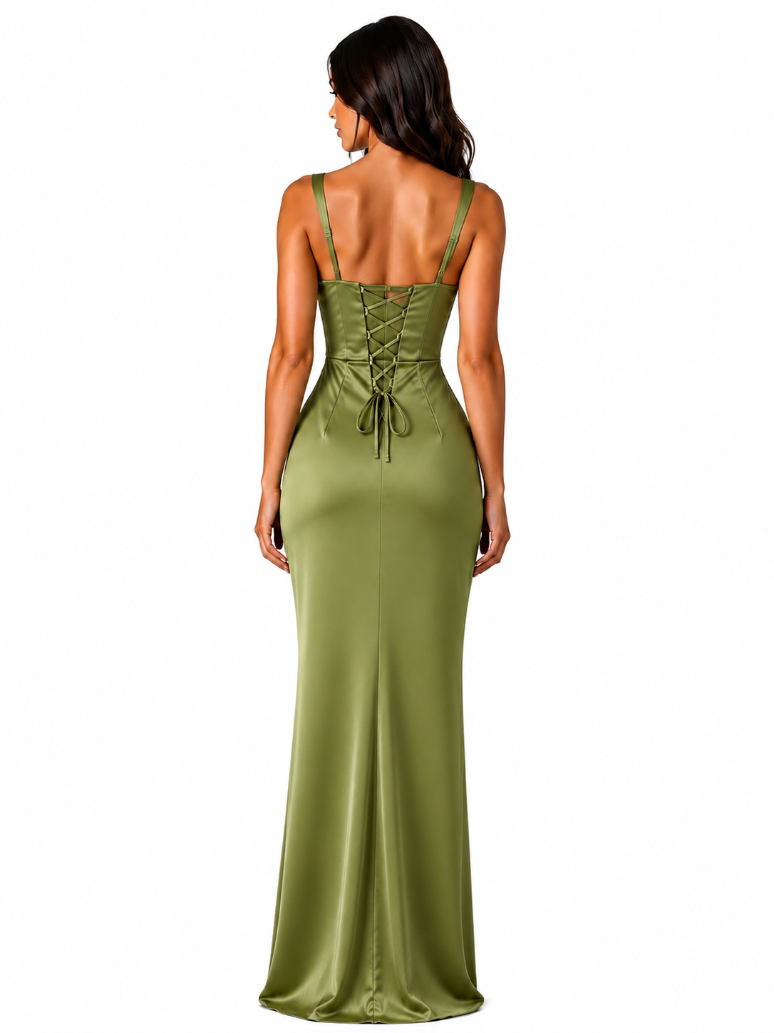 Women's Satin Maxi Dress – Ruched Waist with Square Neckline