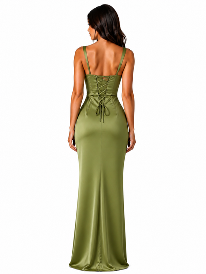 Women's Satin Maxi Dress – Ruched Waist with Square Neckline