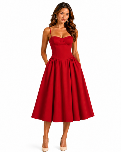 Women's Floral Midi Dress – Corset Style with Sweetheart Neckline