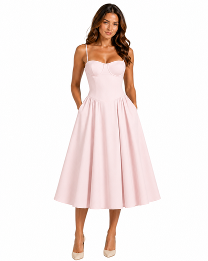 Women's Floral Midi Dress – Corset Style with Sweetheart Neckline
