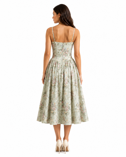 Women's Floral Midi Dress – Corset Style with Sweetheart Neckline
