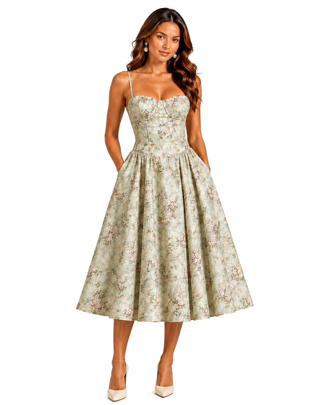 Women's Floral Midi Dress – Corset Style with Sweetheart Neckline