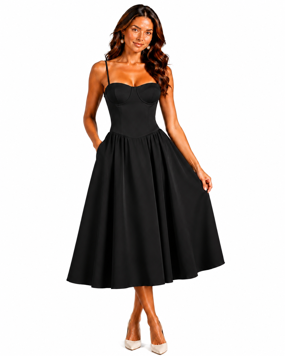 Women's Floral Midi Dress – Corset Style with Sweetheart Neckline