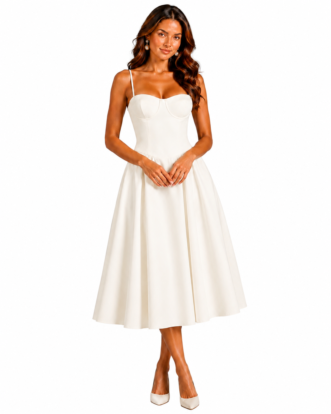 Women's Floral Midi Dress – Corset Style with Sweetheart Neckline