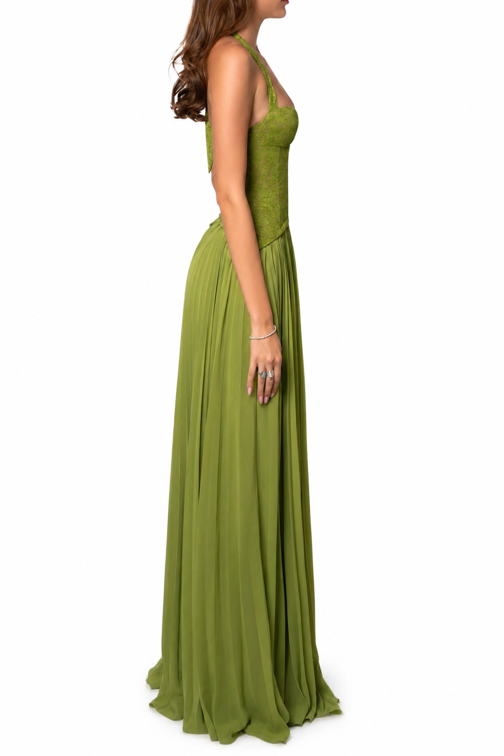 Women’s Long Green Pleated Corset Dress – Slim Fit