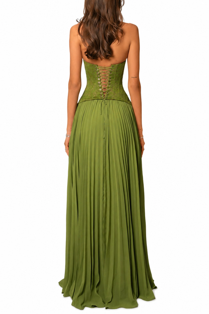 Women’s Long Green Pleated Corset Dress – Slim Fit