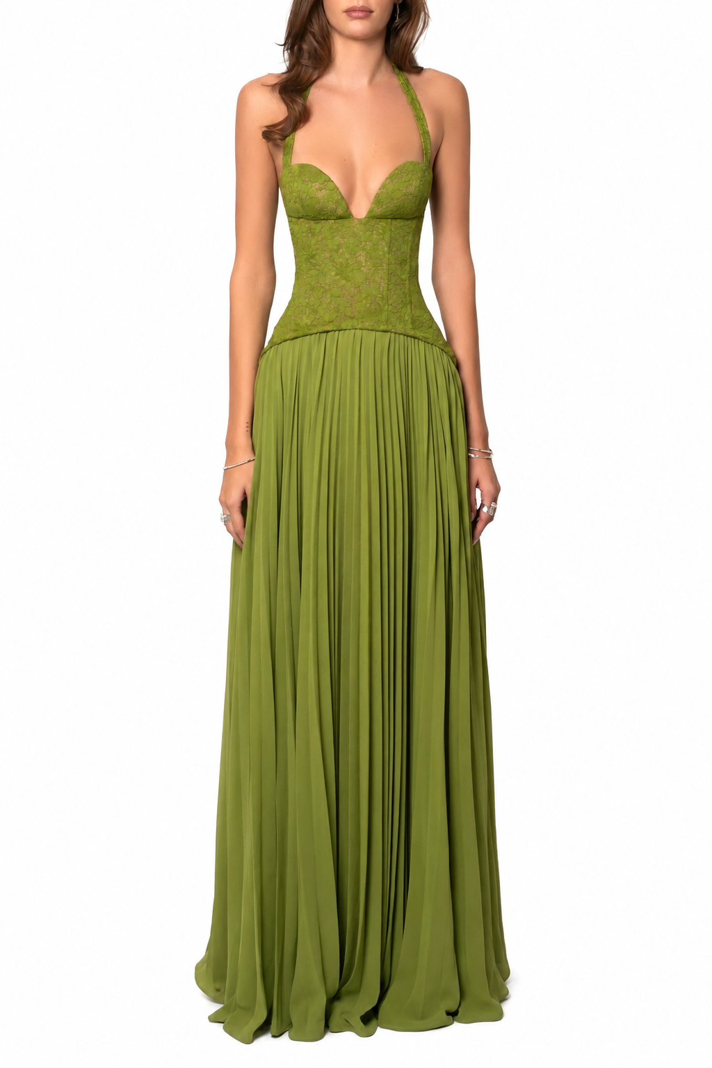 Women’s Long Green Pleated Corset Dress – Slim Fit