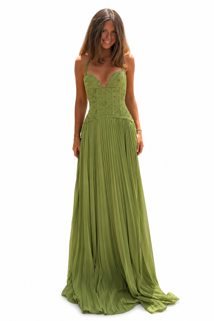 Women’s Long Green Pleated Corset Dress – Slim Fit