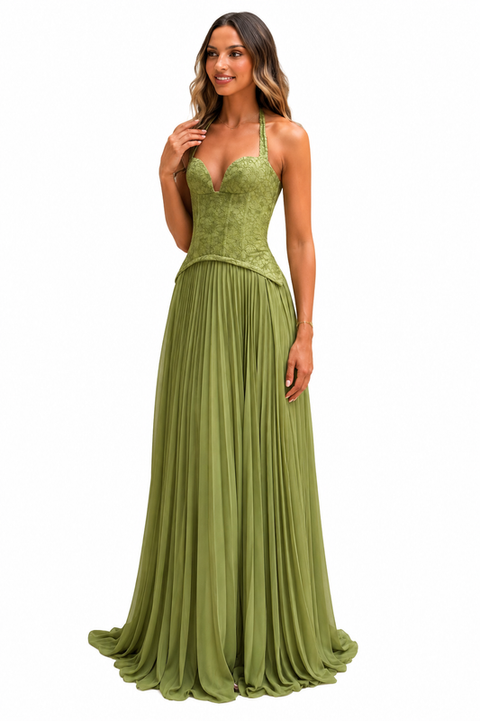 Women’s Long Green Pleated Corset Dress – Slim Fit