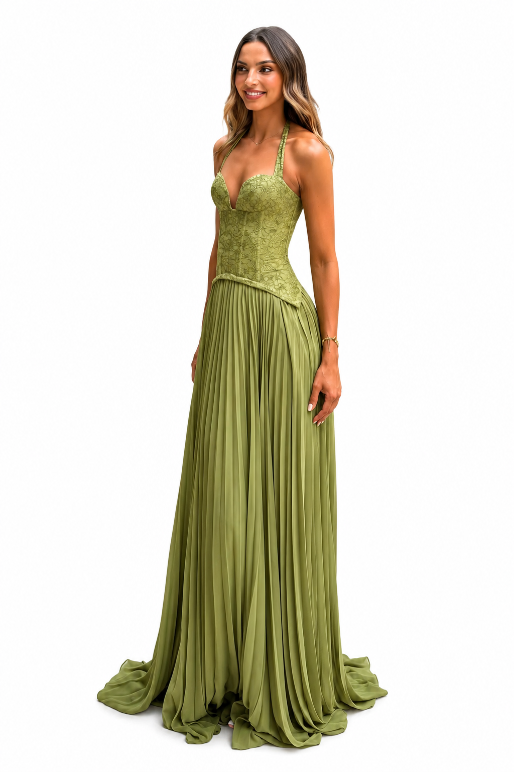 Women’s Long Green Pleated Corset Dress – Slim Fit