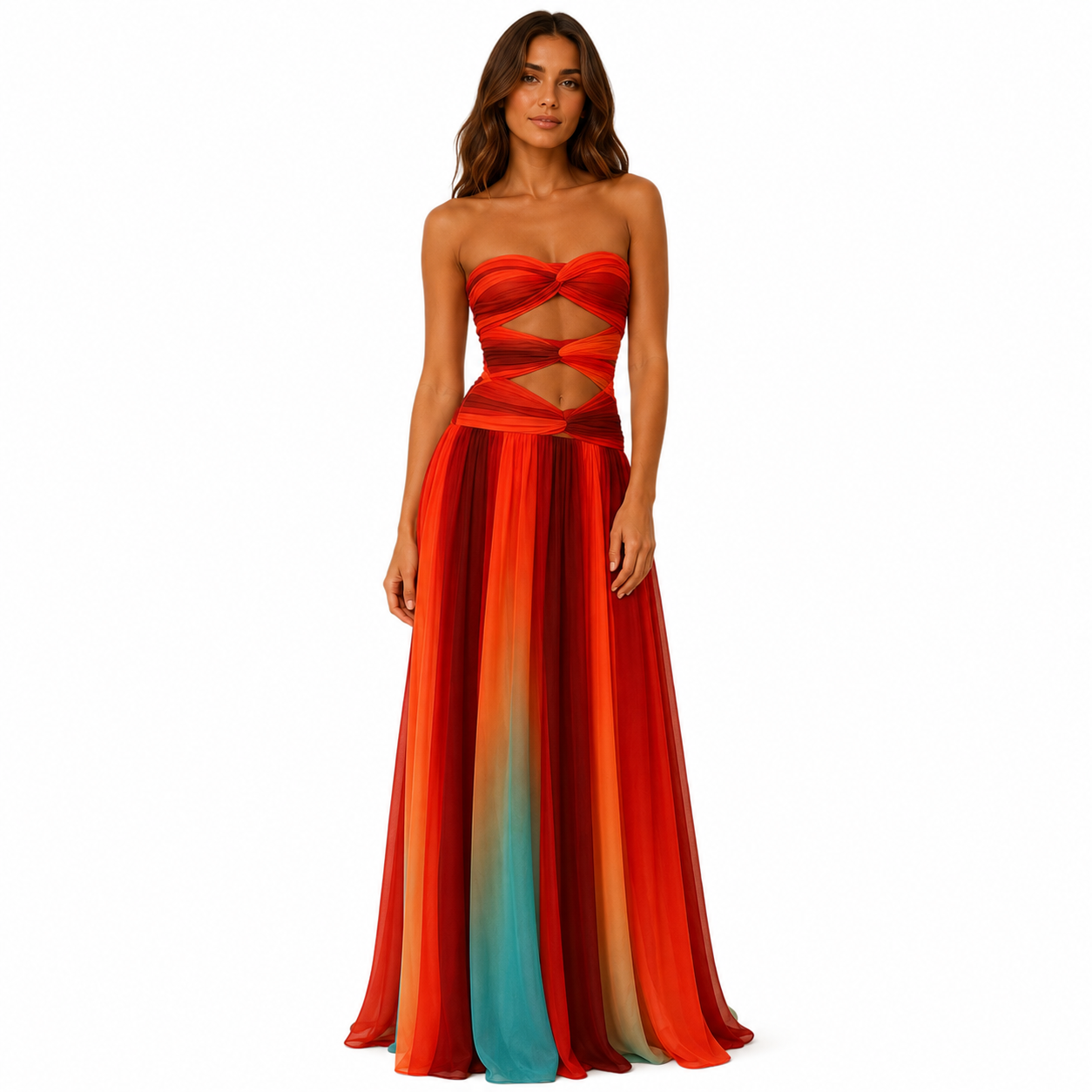 Women's Long Strapless Summer Dress – Red and Orange Block Patterns