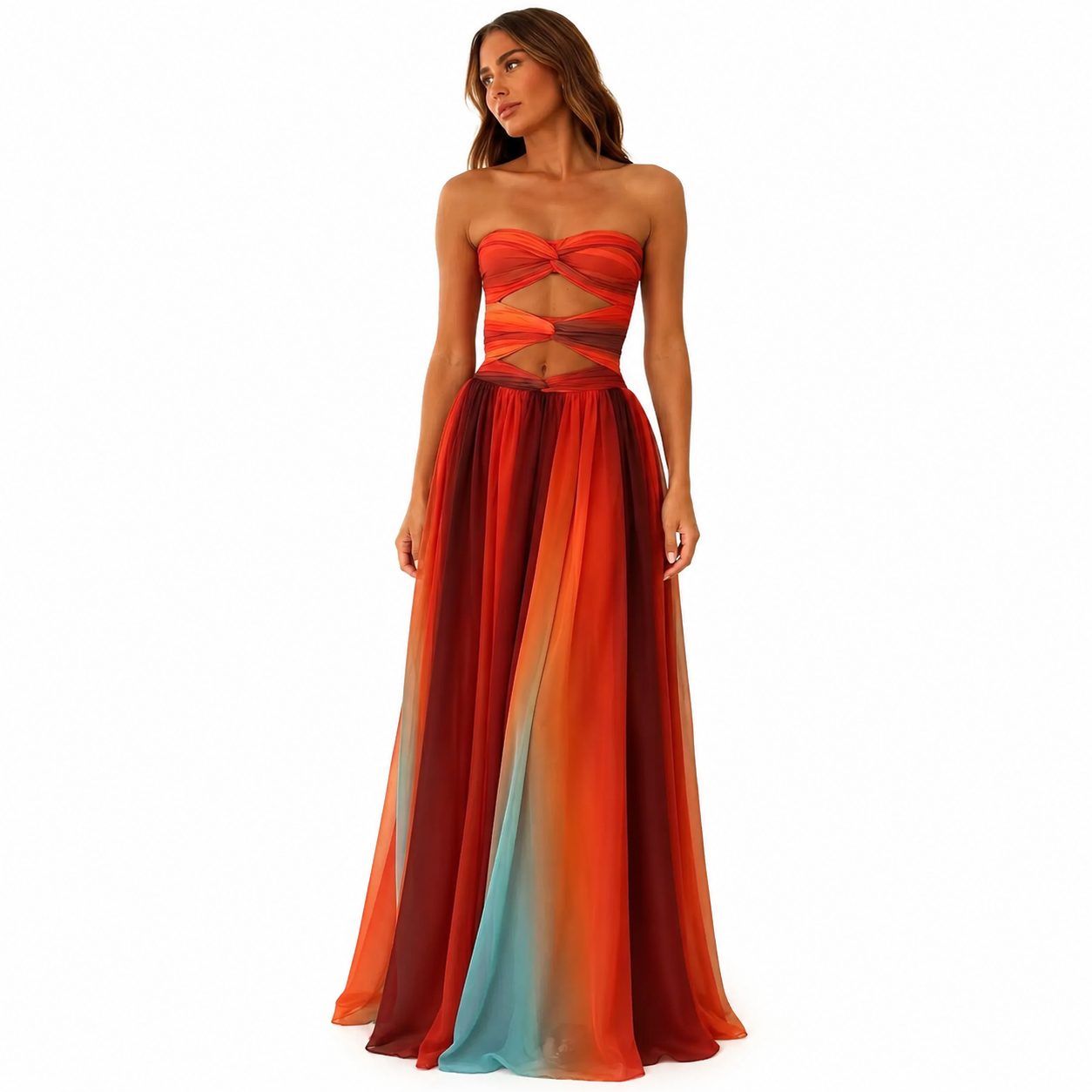 Women's Long Strapless Summer Dress – Red and Orange Block Patterns