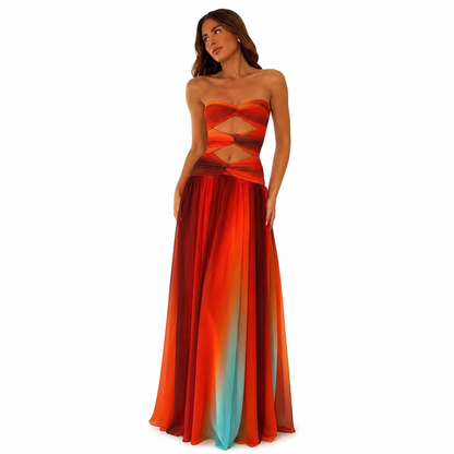 Women's Long Strapless Summer Dress – Red and Orange Block Patterns