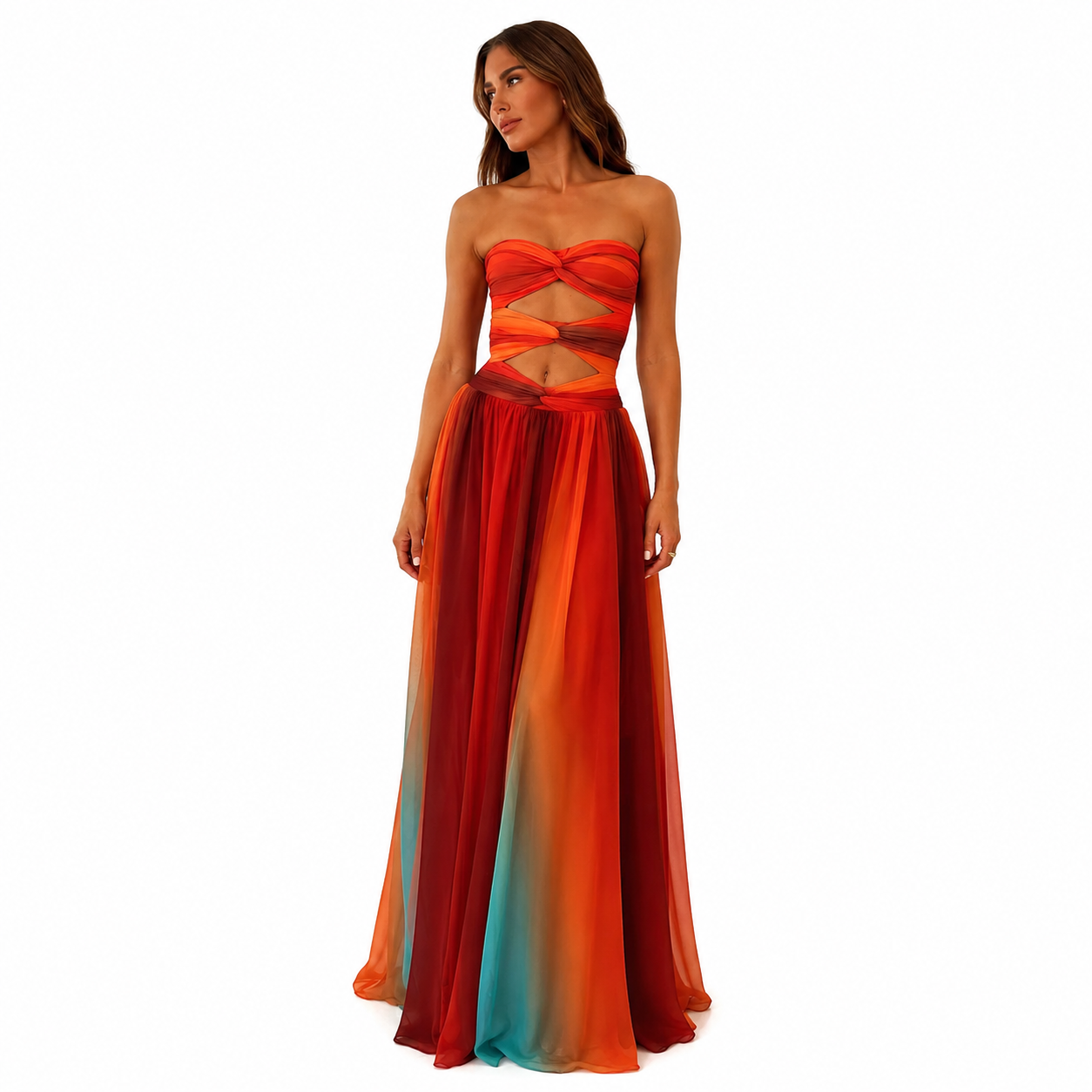 Women's Long Strapless Summer Dress – Red and Orange Block Patterns