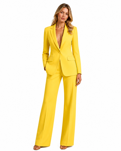 Women's Polyester Blazer and Wide-Leg Trousers Set – Tailored Design with Notched Lapel