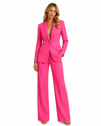 Women's Polyester Blazer and Wide-Leg Trousers Set – Tailored Design with Notched Lapel