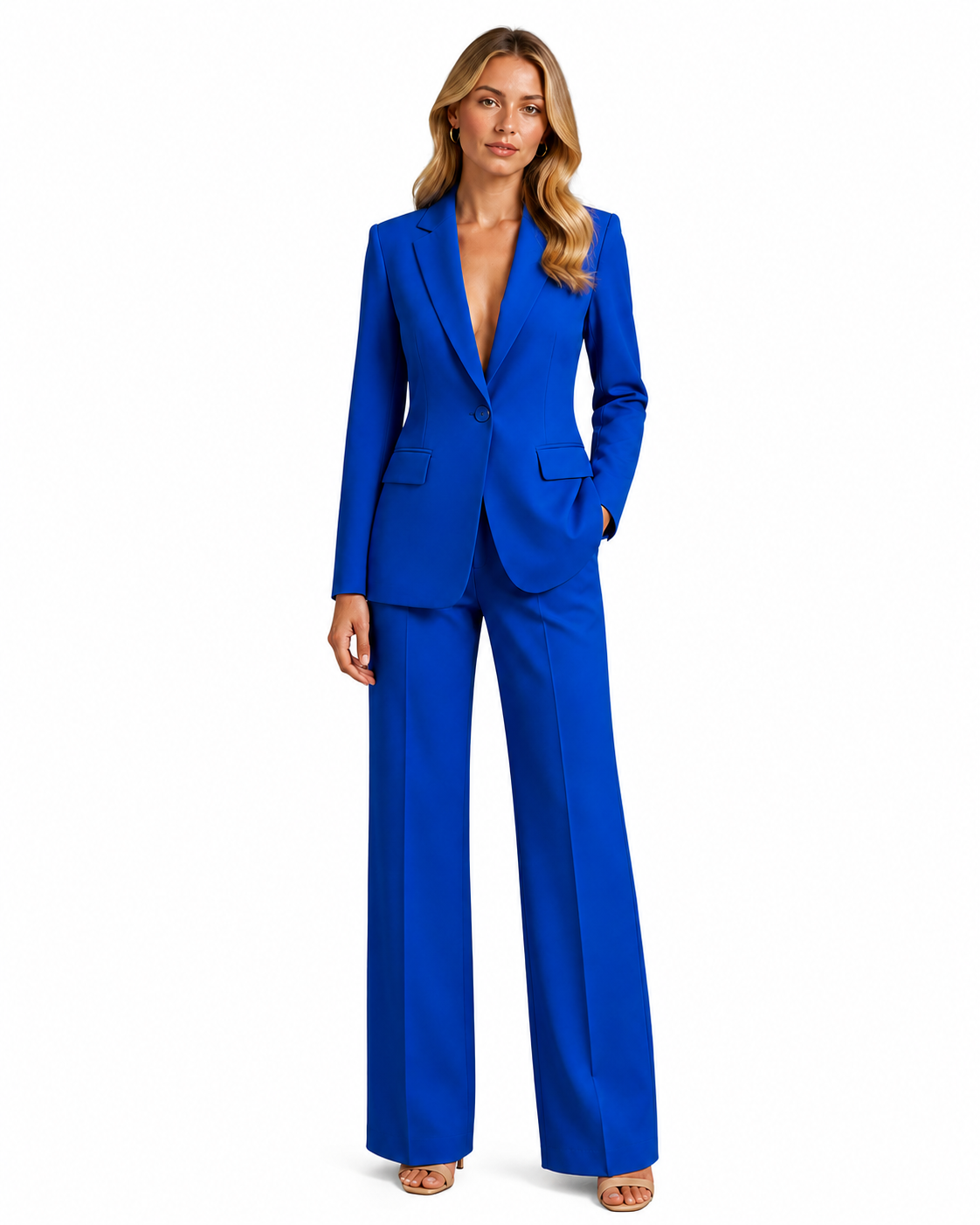 Women's Polyester Blazer and Wide-Leg Trousers Set – Tailored Design with Notched Lapel