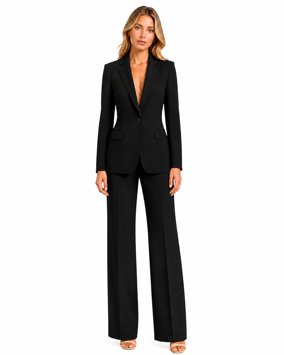 Women's Polyester Blazer and Wide-Leg Trousers Set – Tailored Design with Notched Lapel
