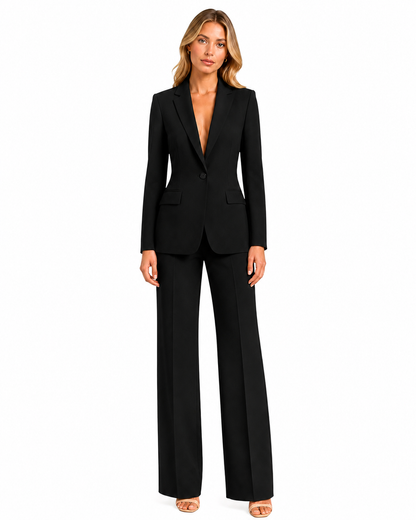 Women's Polyester Blazer and Wide-Leg Trousers Set – Tailored Design with Notched Lapel