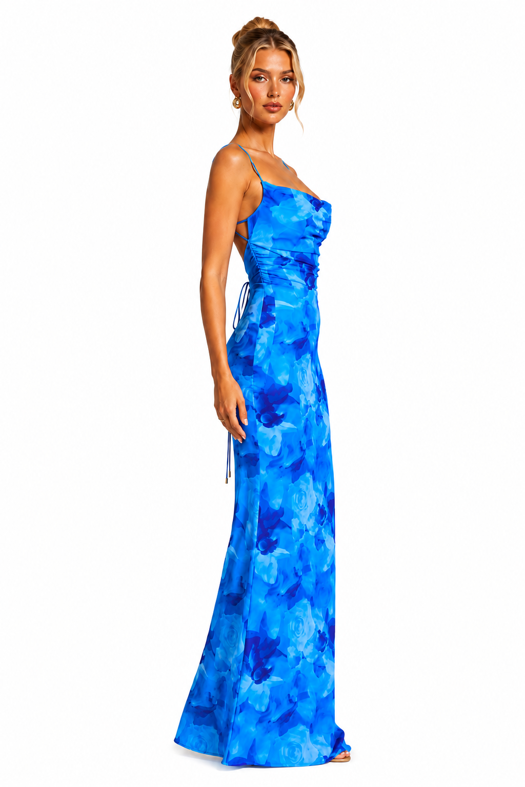 Women's Floral Maxi Dress – Ruched Bodice with Draped Neckline