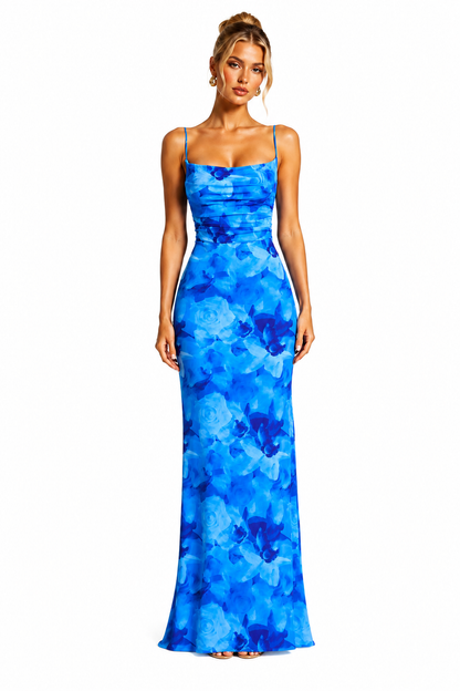 Women's Floral Maxi Dress – Ruched Bodice with Draped Neckline