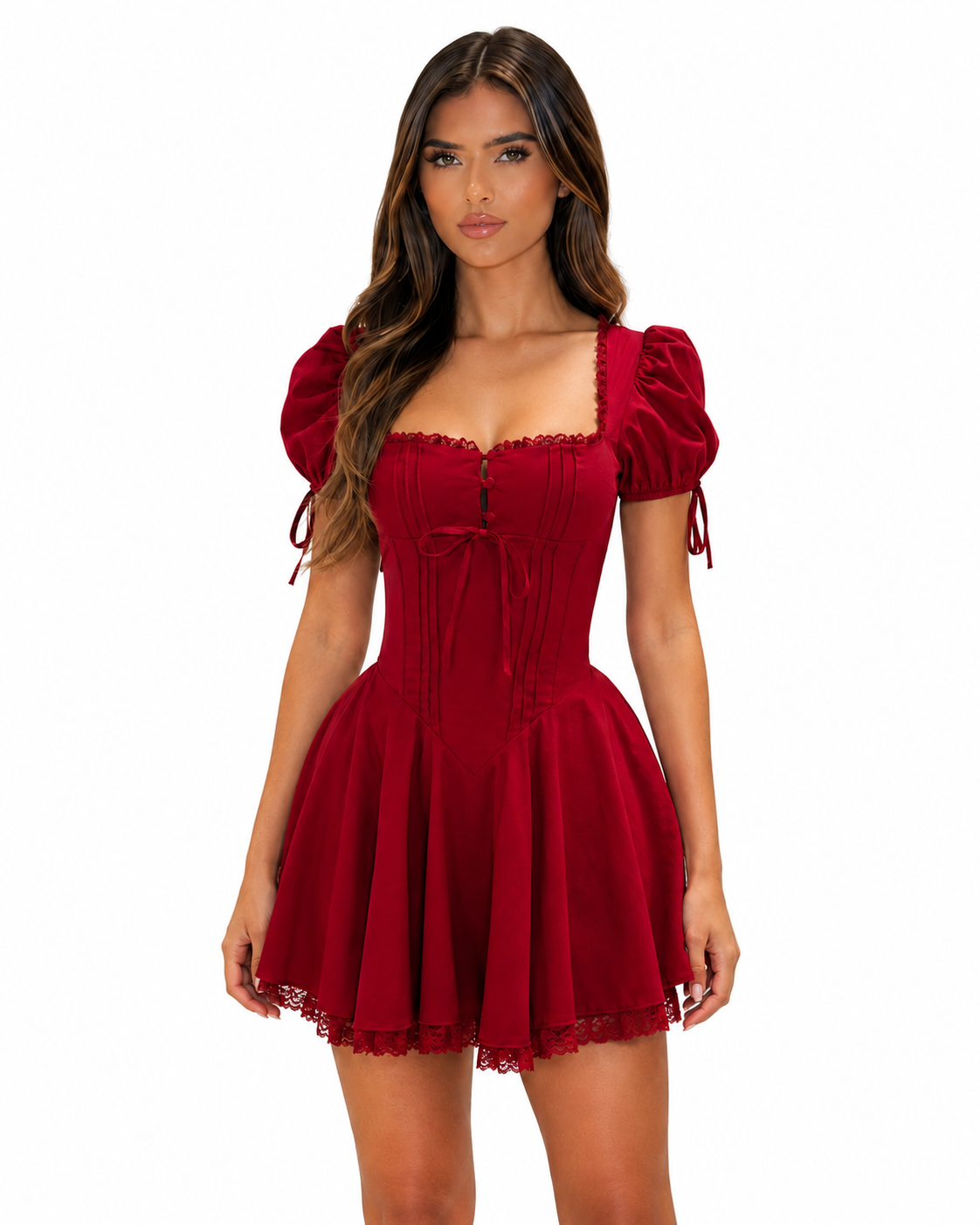 Women's Lace Trim Mini Dress – Puff Sleeves with Lace-Up Back