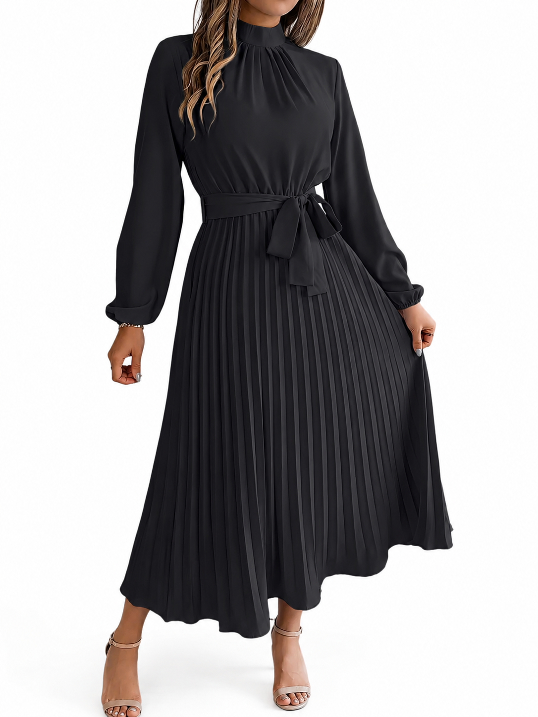 Women's Cotton Midi Dress – Long Sleeve with High Gathered Neckline and Pleated Skirt