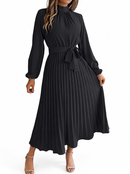 Women's Cotton Midi Dress – Long Sleeve with High Gathered Neckline and Pleated Skirt