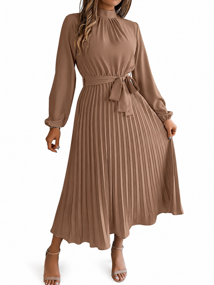 Women's Cotton Midi Dress – Long Sleeve with High Gathered Neckline and Pleated Skirt