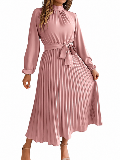 Women's Cotton Midi Dress – Long Sleeve with High Gathered Neckline and Pleated Skirt