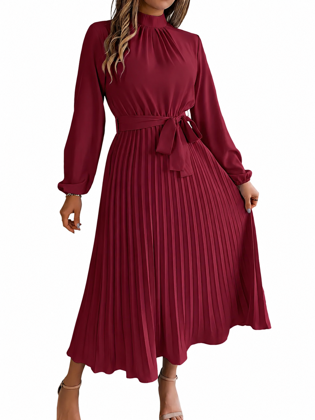 Women's Cotton Midi Dress – Long Sleeve with High Gathered Neckline and Pleated Skirt