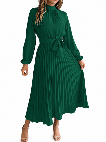 Women's Cotton Midi Dress – Long Sleeve with High Gathered Neckline and Pleated Skirt
