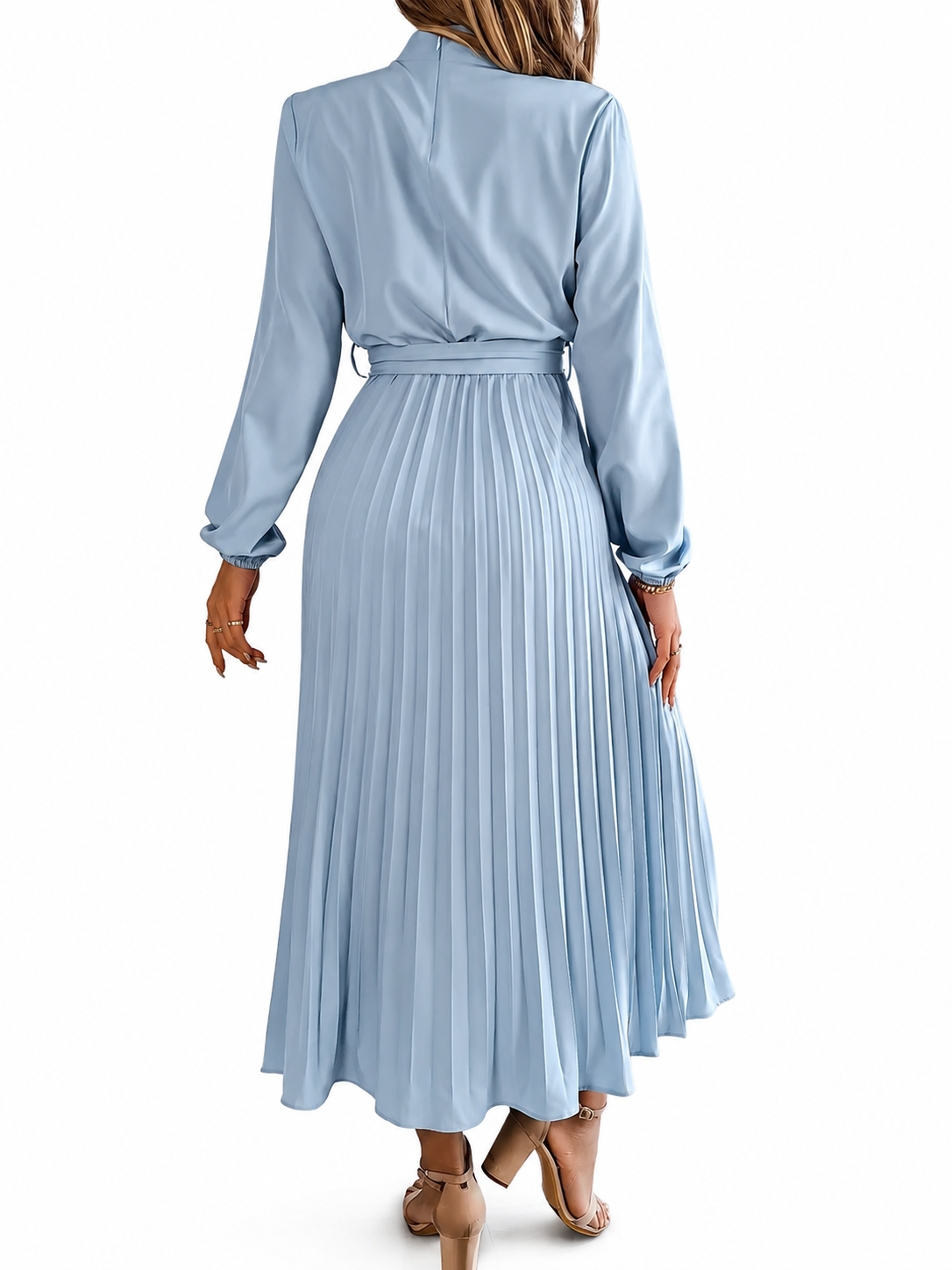 Women's Cotton Midi Dress – Long Sleeve with High Gathered Neckline and Pleated Skirt