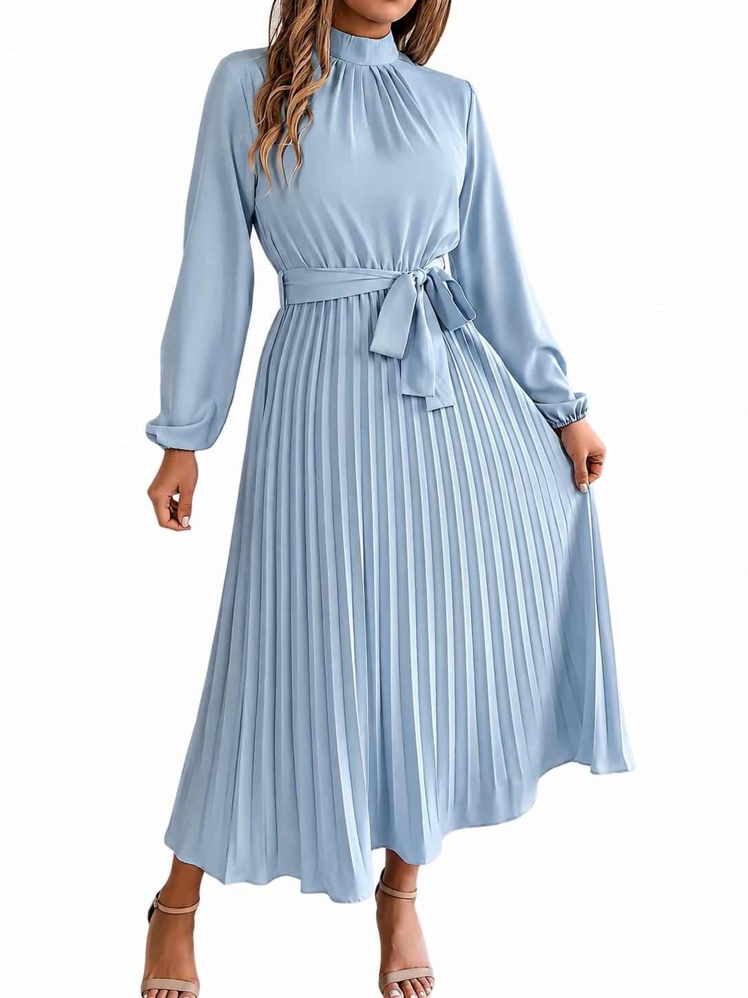 Women's Cotton Midi Dress – Long Sleeve with High Gathered Neckline and Pleated Skirt
