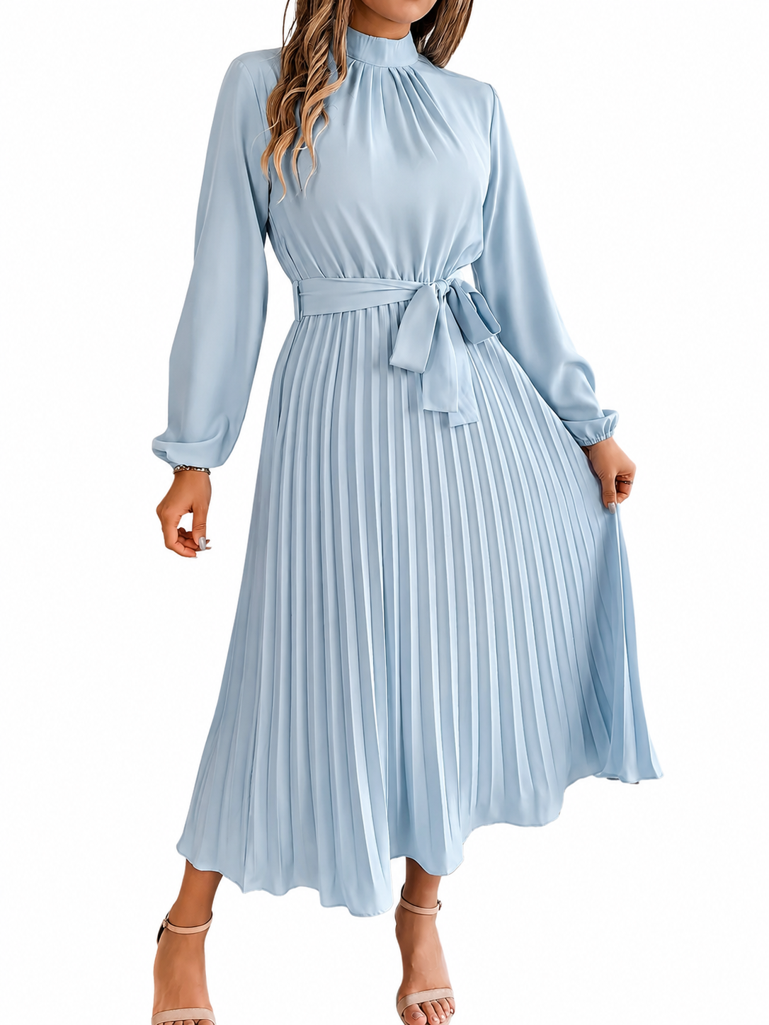 Women's Cotton Midi Dress – Long Sleeve with High Gathered Neckline and Pleated Skirt