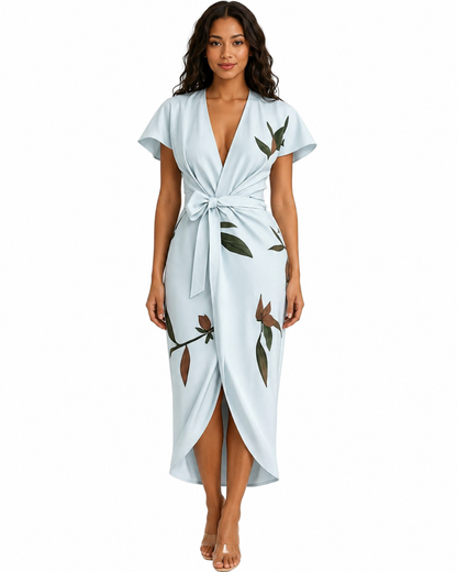 Women's Wrap Midi Dress – V-Neckline with Flutter Sleeves