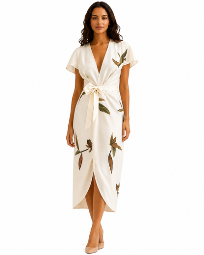 Women's Wrap Midi Dress – V-Neckline with Flutter Sleeves