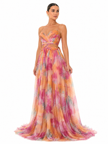 Women's Multicolor Long Dress – Fitted Bodice with Flowing V-Neckline