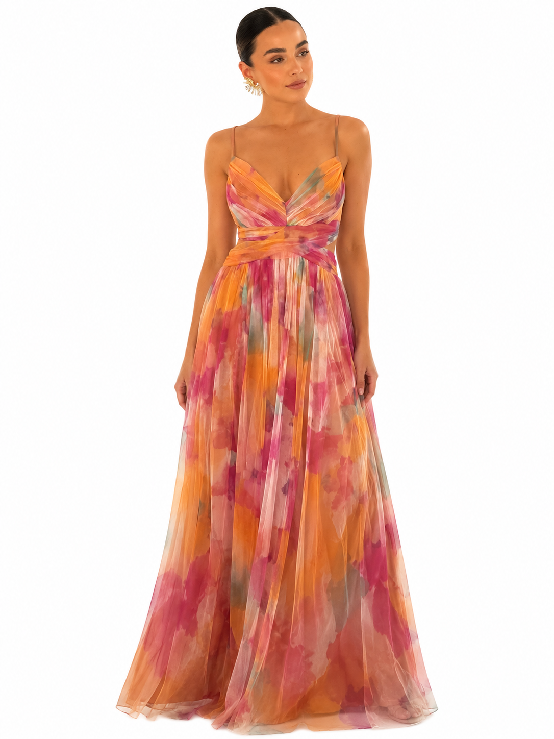 Women's Multicolor Long Dress – Fitted Bodice with Flowing V-Neckline