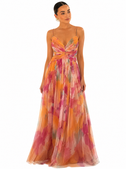 Women's Multicolor Long Dress – Fitted Bodice with Flowing V-Neckline