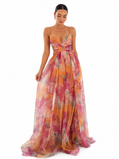 Women's Multicolor Long Dress – Fitted Bodice with Flowing V-Neckline