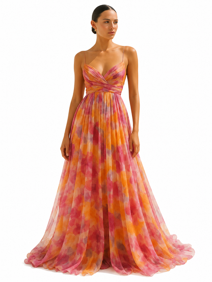 Women's Multicolor Long Dress – Fitted Bodice with Flowing V-Neckline