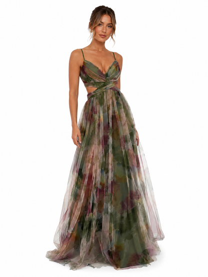 Women's Multicolor Long Dress – Fitted Bodice with Flowing V-Neckline