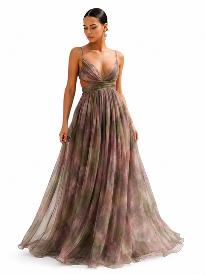Women's Multicolor Long Dress – Fitted Bodice with Flowing V-Neckline