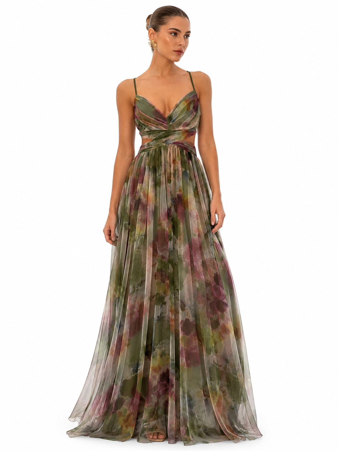 Women's Multicolor Long Dress – Fitted Bodice with Flowing V-Neckline