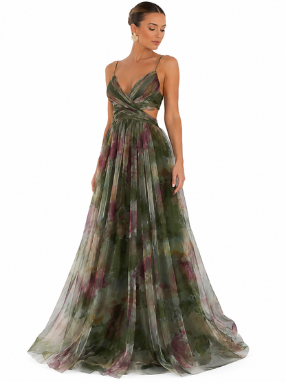 Women's Multicolor Long Dress – Fitted Bodice with Flowing V-Neckline