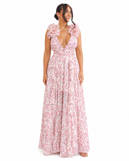 Women's Long Floral Dress – Flattering Fit with Cutout Detail